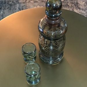 ITALIAN ARGENTO 925/1000 SILVER & GLASS DECANTER 10” WITH 2 GLASSES.